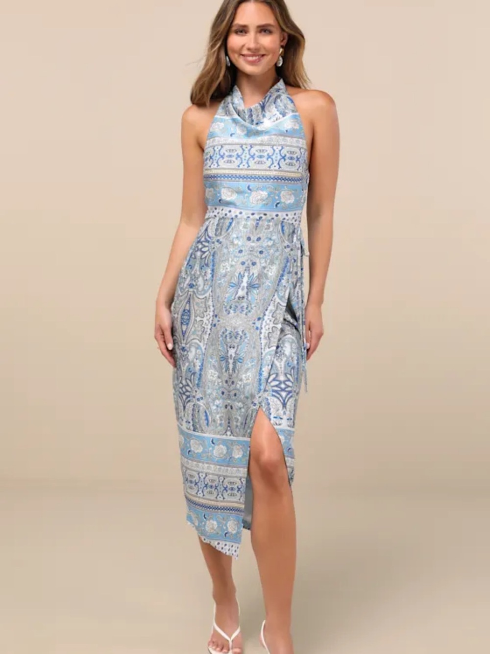 Lulu's Radina Blue Paisley Print Satin Halter Midi Wrap Dress